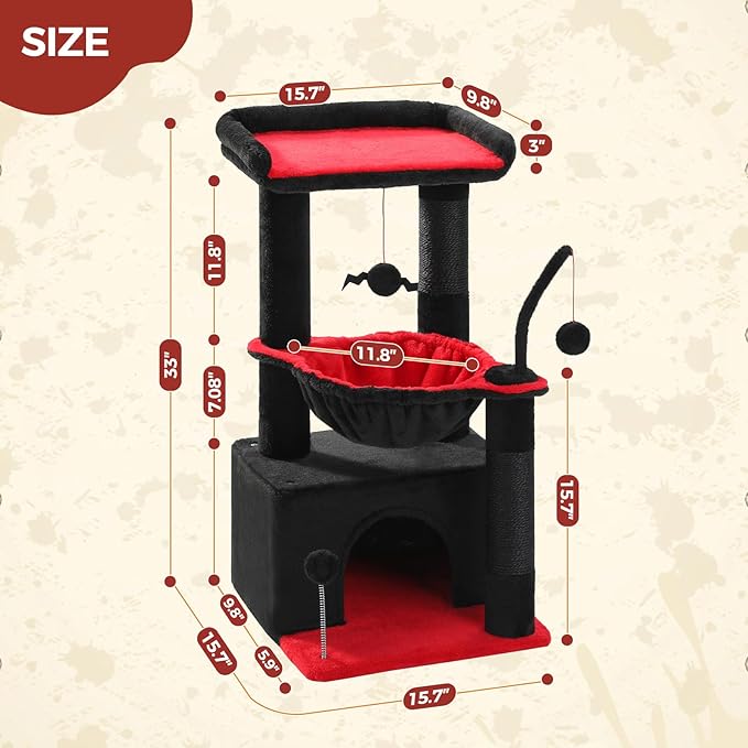 PEQULTI 4-in-1 Gothic Cat Tree, 33'' Cat Tower for Indoor Cats with Large Condo, Cat Scratching Post for Cats with Deep Hammock& Cozy Top Perch,Black