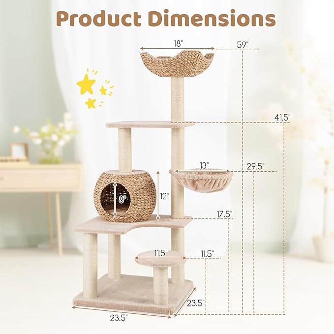PETSITE 59 inch Cattail Cat Tree Tower, Multi-Level Cat Tower with Natural Sisal Scratching Posts, Condo, Basket, Top Perch and Jumping Platforms, Modern Tall Cat Tree for Indoor Cats