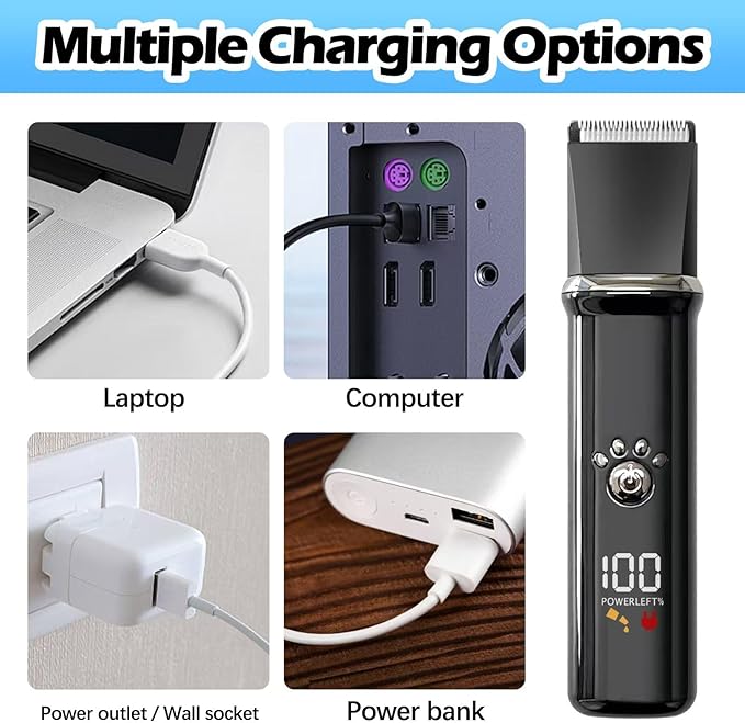 Dog Clippers Grooming Kit - Low Noise, Cordless Electric Trimmer with Nail Grinder for Dogs & Cats, 4 in 1 Rechargeable Clippers for Paws, Ears, Face and Matted Hair (Black)