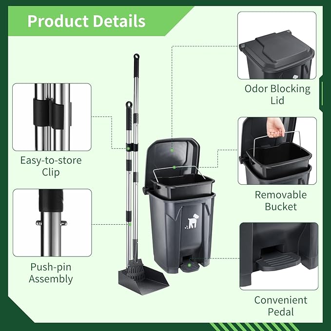 Dog Pooper Scooper, Dog Poop Trash Can Set with Removable Inner Bucket, Long Handle Rake, 150 Waste Bags, Easy Pick Up Poop Scooper, 20L Dog Poop Trash Bin for Small/Large Dog Families