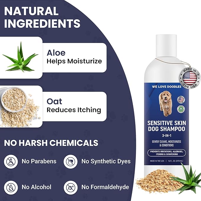 Premium 3-in-1 Sensitive Skin Dog Shampoo, Great for Allergies, Itching, Scratching, Anti-Itch Shampoo for Dogs with Oatmeal & Aloe, Made in USA, Natural Ingredients, 16 oz [We Love Doodles]