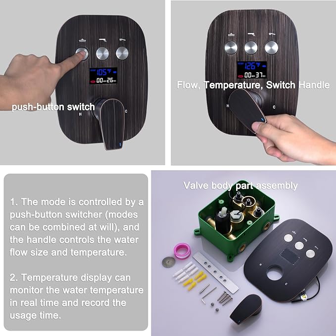 Oil Rubbed Bronze Shower System Set Temperature Display Push Button Shower Faucet with 12 inch and 8 inch Wall Mount Full Body Shower Head and Handheld Shower