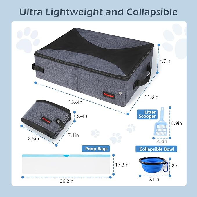 Portable Cat Travel Litter Box. Zipped Lid, Collapsible Litter Box for Cats. No Leakage, No Smell. Easy to Carry. Used for Hotels, Camping, Car (Gray,M)