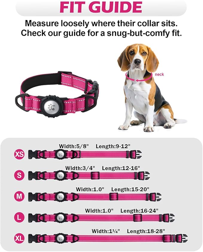 TagME Airtag Dog Collar,Waterproof Reflective Pet Collar with Airtag Holder,Soft Padded and Double D-Rings for Extra Large Dogs,Hot Pink
