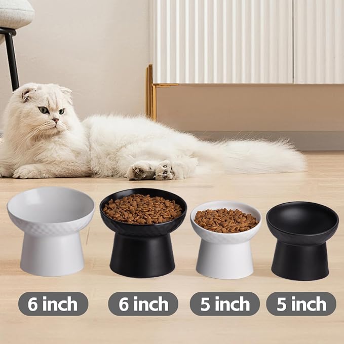 Ceramic Raised Cat Bowls, Elevated Tilted Cat Food and Water Bowls Set, Porcelain Stress Free Pet Feeder Dish for Cats and Small Dogs, Dishwasher and Microwave Safe, Set of 2(White)