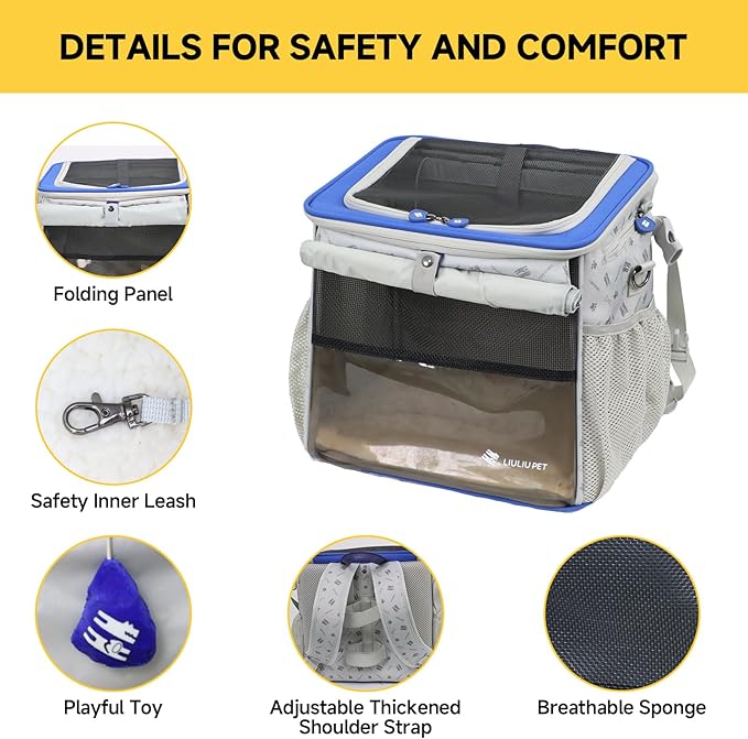 Cat and Dog Backpack Carrier, Breathable Cycling Pet Bag with Mesh Ventilation, Portable Outing Traveling Pet Bag with Top Waterproof Fabric for Small, Medium Cats, Small Dogs, Blue