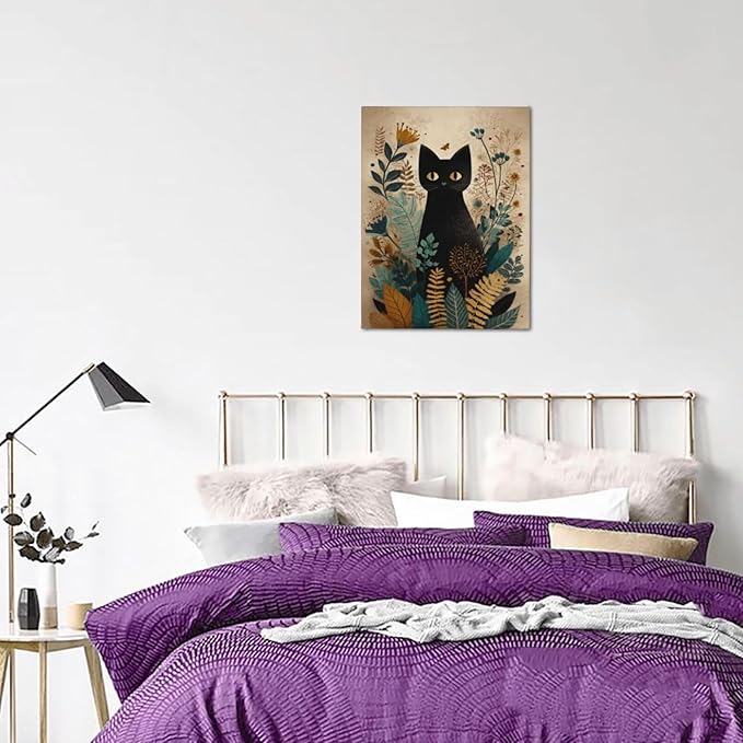 Boho Black Cat Wall Art Kitten Botanical Wall Decor Mid Century Modern Canvas Painting Print Minimalist Pictures Artwork Framed Decorations Gifts for Cat Lover Bathroom Nursery Living Room Bedroom Kitchen 12"x16"