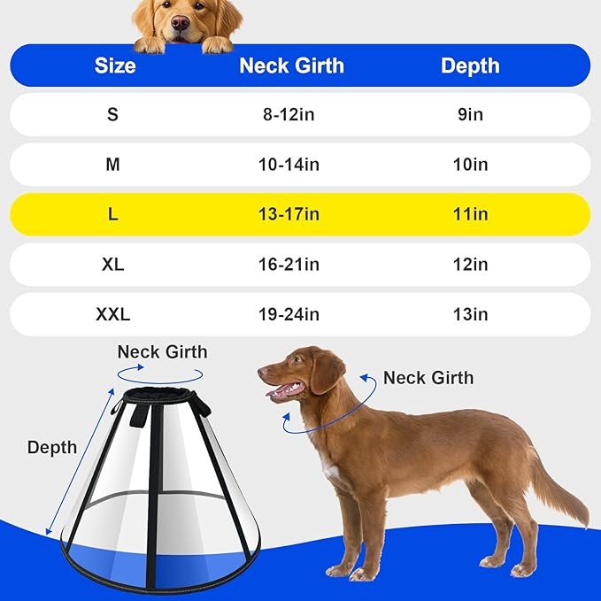 Lainergie Adjustable Soft Dog Cone Collar for After Surgery Recovery, Comfortable Pet Recovery Protective Collar for Medium Large Dogs, Elizabethan Dog Neck Collar (L, Black)