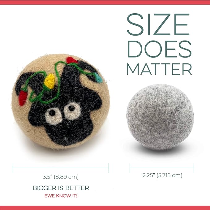 Fluff Ewes Wool Dryer Balls 6 Pack Premium New Zealand Wool Laundry Balls for Dryer, No Static Dryer Balls Laundry Reusable, XL Christmas Dryer Balls, Holiday Dryer Balls - Sheep in Heavenly Peace