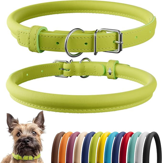 CollarDirect Rolled Leather Dog Collar, Soft Padded Round Puppy Collar, Handmade Genuine Leather Collar Dog Small Large Cat Collars 13 Colors (6-7 Inch, Lime Green Smooth)