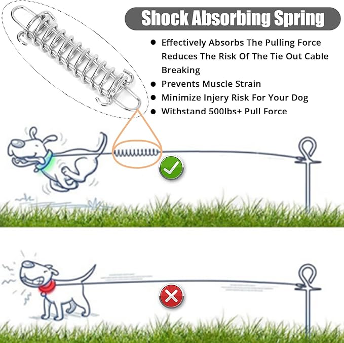 Jenico Dog Tie Out Cable - 10/15/20/30/40/50/70/100/150FT Runner Cable with Swivel Hook and Shock Spring, for Small to Medium Pets Up to 500 LBS