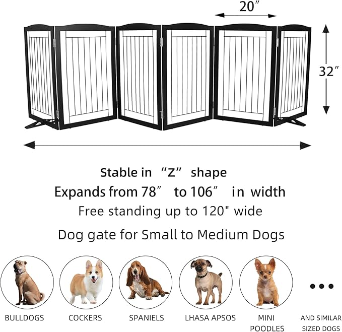 ZJSF Freestanding Dog Fence Indoor, Foldable Dog Gate for Doorways, Stairs or Hallways, Sturdy Wood Extra Wide Pet Gate with Support Feet for The House, Black, 32 "Height-6 Panels