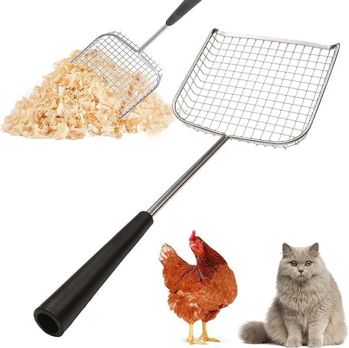 Sand Dipper Cat Poop Scooper & Chicken Poop Scooper - Rugged Big 6" Square Stainless Steel Long Handle for Home Kitty Litter Scoop & Farm Chicken Compatible Coop Scooper (Scoop)