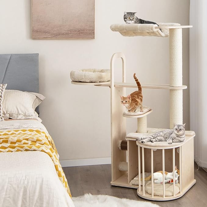Tangkula Wood Cat Tree for Indoor Cats, 55 Inch Multi-Level Cat Tower Activity Center with Hammock, Cat Condo, Sisal Scratching Posts & Washable Cushions, Modern Cat Tree Houses for Large Cats