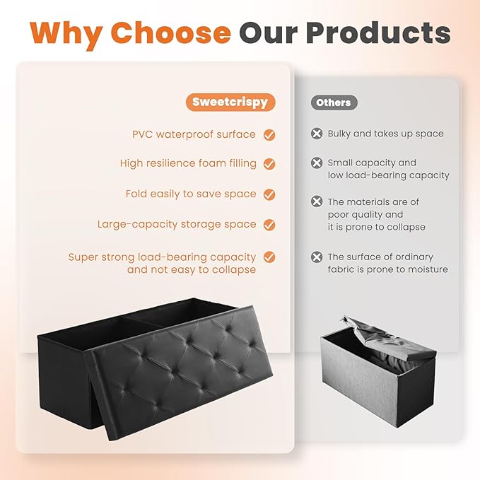 Sweetcrispy 43 Inches Folding Ottoman with Storage Bench, Foot Rest Stool, End of Bed Storage Bench Upholstered, Load 660 lbs, for Living Room, Lychee Grain Leather, Black