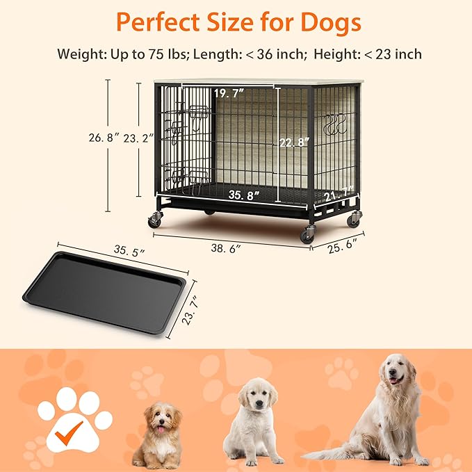 Dog Crate Furniture, 38.6" Wooden Dog Crate with Double Doors, Dog Furniture, Large Dog Kennel Indoor End Table for Large Dogs, Grey