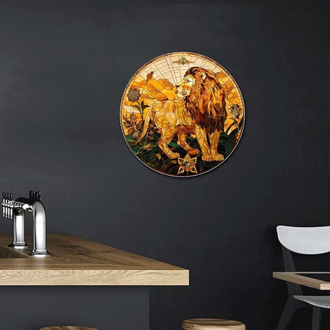 Lygond Metal Sign Tin Sign Circular Stained Glass Lion Greenhouse Decor For Pub 12×12 Inches
