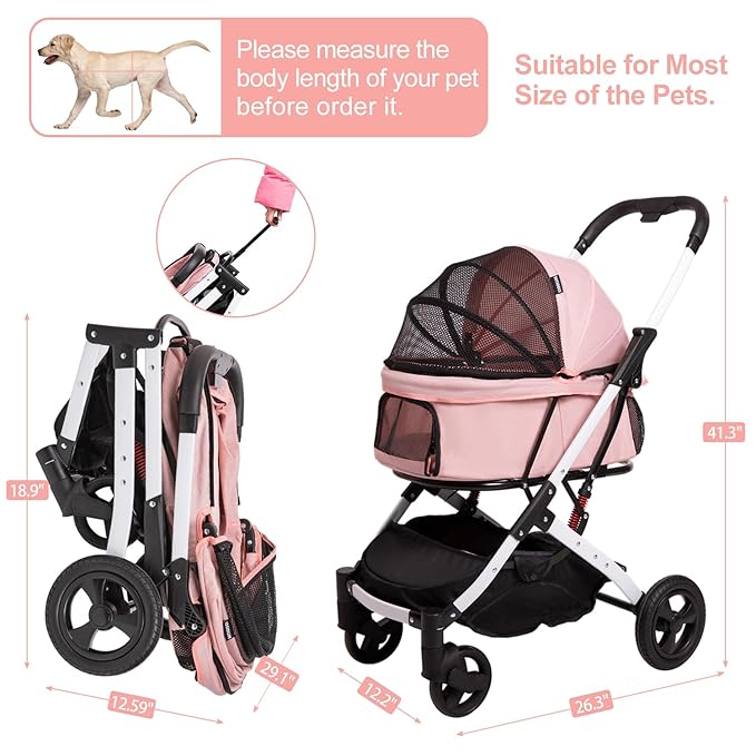 Pet Stroller for Medium Small Dog & Cat, Foldable Lightweight Dog Stroller with Storage Basket Pet Travel Carriage with Safety Leashes, 4 Wheel, Pink