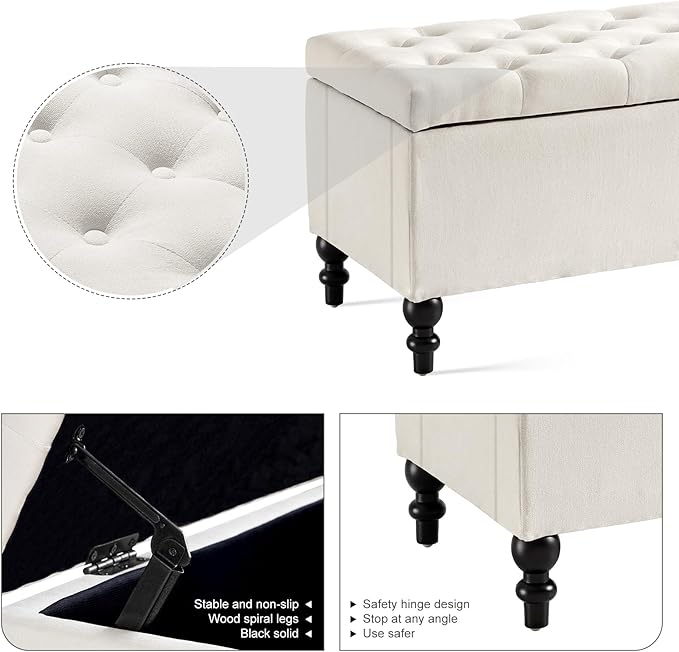 Ottoman with Storage,50.2-inch Upholstered End of Bed Storage Bench for Bedroom,for The Living Room,for Entryway, with Button and Safety Hinges,Detachable (White)