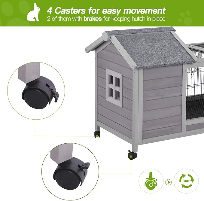 Indoor Rabbit Hutch Bunny Cage with 4 Casters, Bunny Hutch -Removable Wire Grate