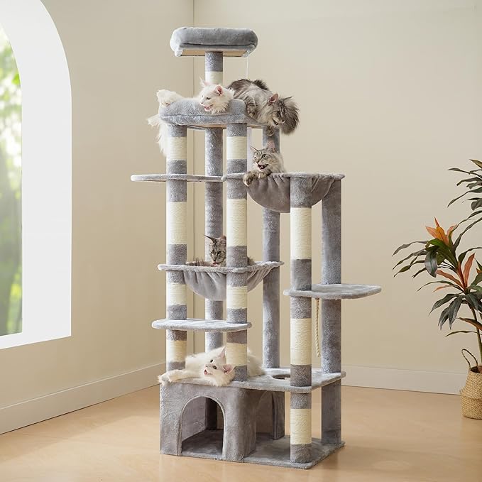 Heybly Heavy Duty Cat Tree, 71-Inch Tall Tower for Large Maine Coon with Extra-Large Baseboard, Cat Condo Furniture with Multi-Level Platforms, 2 Hammocks and 12 Scratching Posts, Light Gray HCT037W