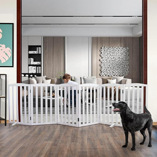 ZJSF Foldable Freestanding Indoor Dog Gate for House Wood White Long Pet Gates Dog Fence for Stairs Puppy Gates for Hallways,Pet Fence, Puppy Gate,Support Feet Included 32 "Height-6 Panels