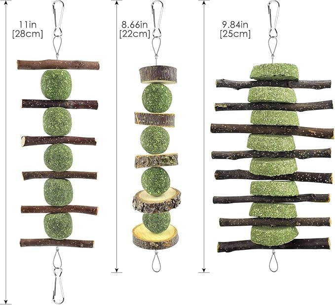 ERKOON Bunny Chew Toys, Rabbit Chew Toys for Teeth Grinding, Improve Dental Health, 100% Natural Apple Wood Timothy Grass Cake Treats for Rabbits Guinea Pigs Chinchillas Bunnies Hamsters (7 Pcs)