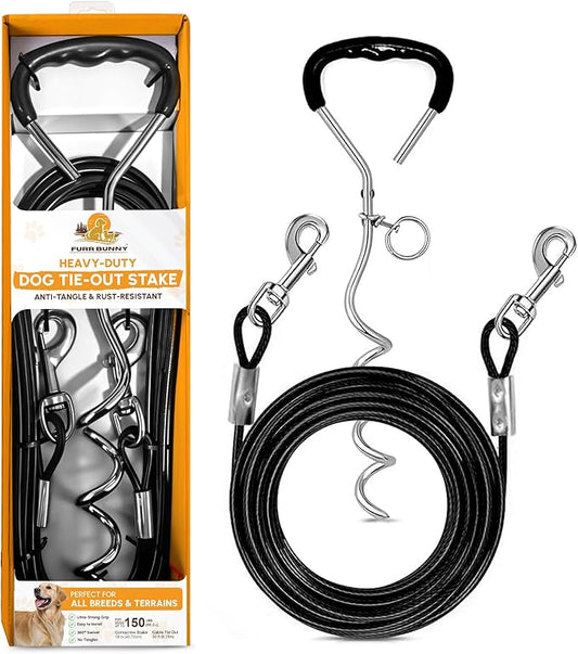 Heavy Duty Dog Tie Out Cable and Stake for Large to Extra Large Dogs Upto 150 LBs – Anti-Tangle, Rust-Resistant, 360° Swivel Leash System – 18 Inches Spiral Anchor and 7mm 30 FT Long Leash