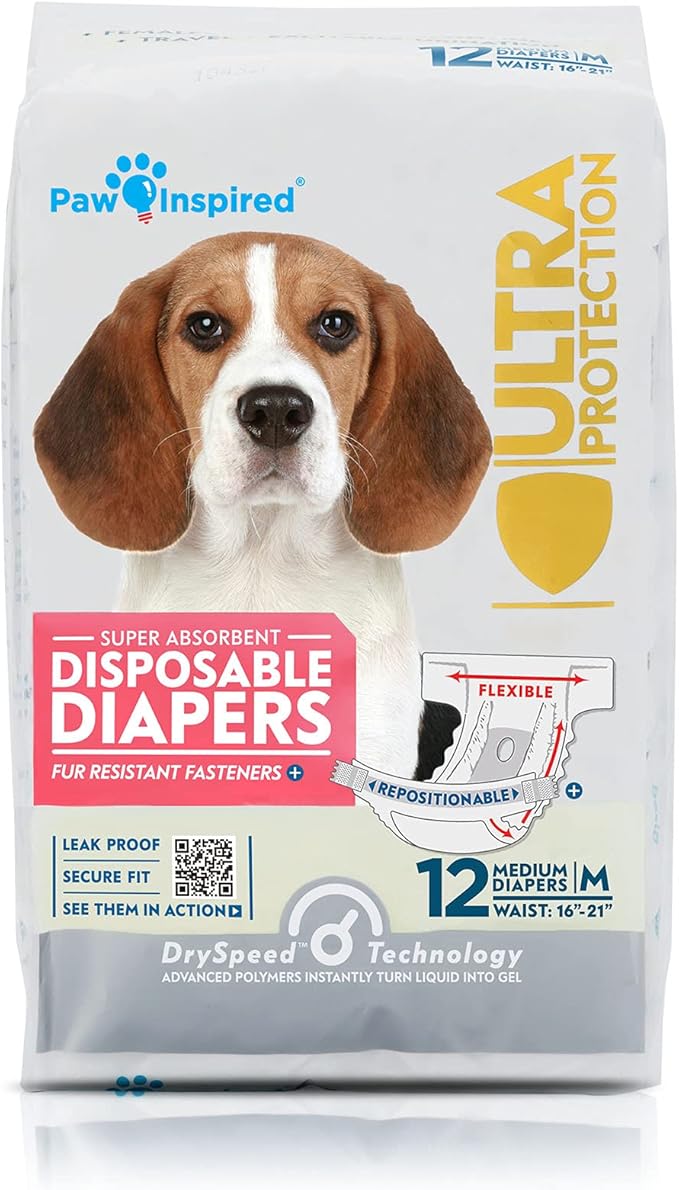 Paw Inspired Disposable Dog Diapers | Female Dog Diapers Ultra Protection | Diapers for Dogs in Heat, Excitable Urination, or Incontinence (12 Count, Medium)