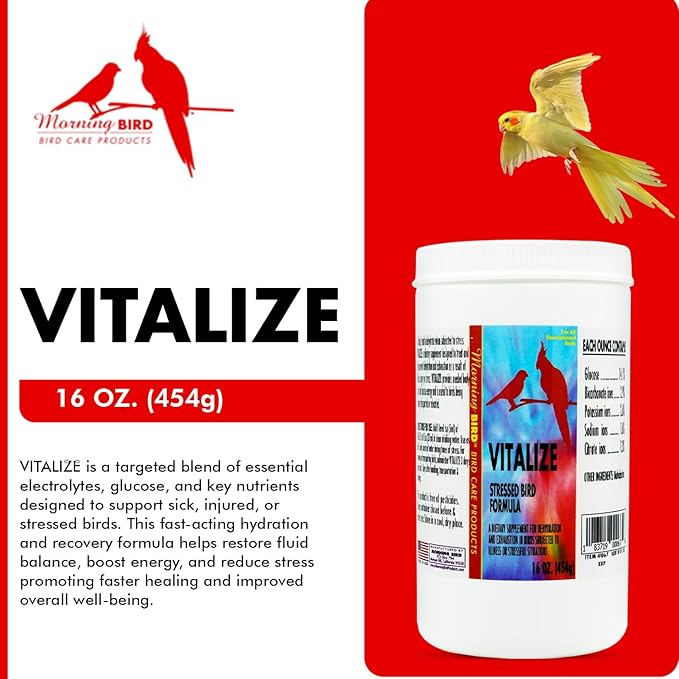 Morning Bird Vitalize, Supplement for Sick, Injured, or Stressed Caged Birds; Dehydration and Exhaustion Treatment for Parakeets, Cockatiels, Budgies, Finches, Canaries, and Parrots, 16 oz