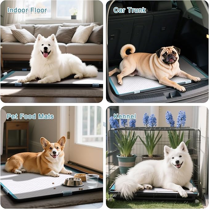 Pee Pad Tray Holder for Dogs, Extra Large Soft Silicone Pet Pad Holder 34" x 22" Pee Pads, Non-Slip High Edge for Leak-Proof Urine, Floor, Cat Litter Mat with Complimentary 6 Clamps