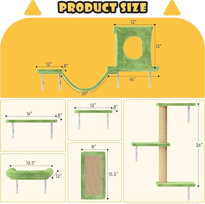 NUNU LAB Wall Mounted Cat Furniture, 6 Pcs Cat Wall Shelves with Condo House, Bridge, Steps, Scratcher, Hammock, Indoor Safe & Stable Furniture for Kittens Play, Green