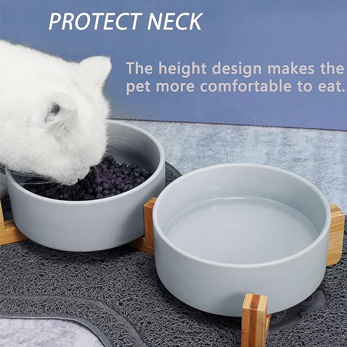 Petygooing Dog Bowls,Grey Ceramic Cat Dog Bowl Set with Wood Stand for Food and Water,Non-Slip Cute Modern Pet Dish Set for Cats and Medium Dogs (28OZ/6.1 in)