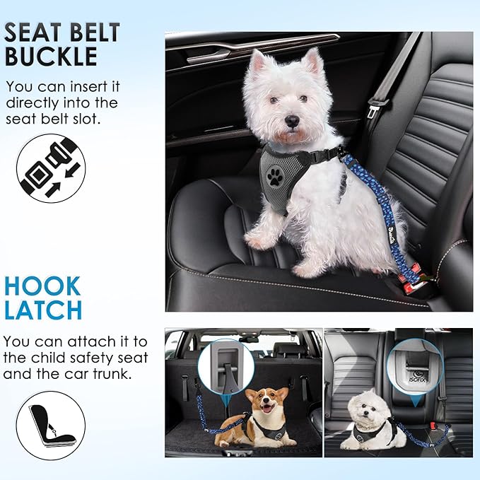 Lukovee Dog Seatbelt Leash for Cars, 2 Pack Pet Safety Car Seat Belt with Adjustable Buckle & Reflective Bungee, Connect Dog Harness in Vehicle Car Dogs Restraint Travel Daily Use (Blue Paw)