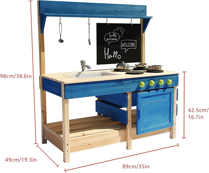 Mud Kitchen Playset for, Outdoor Wooden Toy Play Kitchen Set for Boys and Girls, Kitchen Accessories and Garden Sink with Faucet, Blackboard, Cookware Pot (Blue)