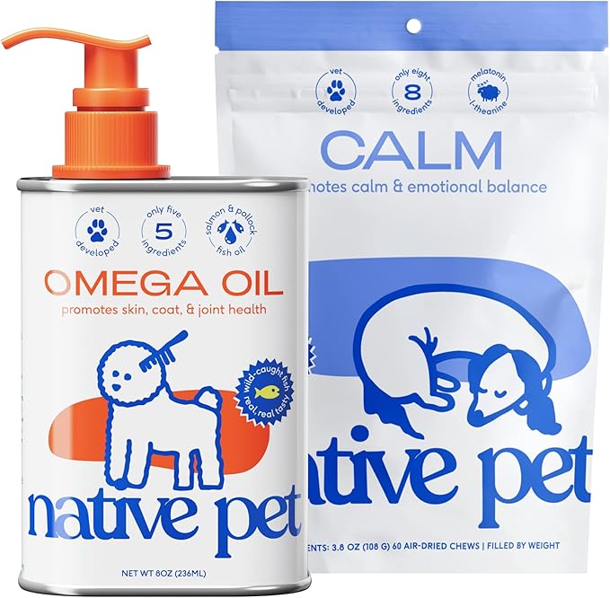 Native Pet Omega Oil for Dogs - Dog Fish Oil Supplements & Calming Chews | Dogs Anxiety Relief Treats & Dog Relaxants | 8 Oz. & 60 Chews