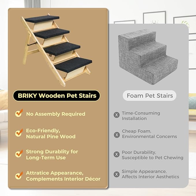 BRIKY 2-in-1 Dog Stairs/Ramp with 4 Steps, Foldable Dog Stairs for High Beds Cars Couch, Durable Wooden Pet Stairs for Small Medium Large Dogs, No Assembly Required