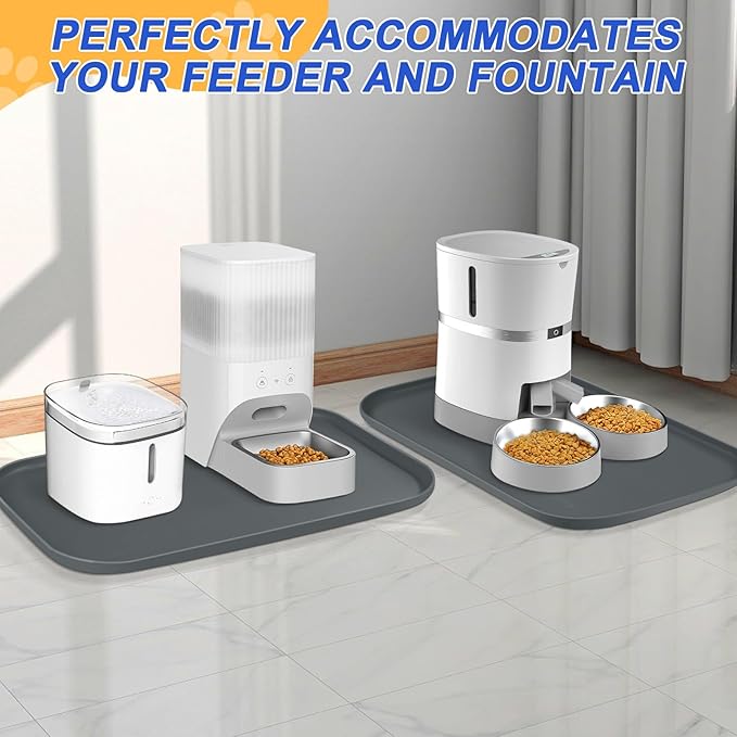 Silicone Pet Feeding Mat with Raised Edge for Food and Water, Dog Bowl Mats, Cat Bowls Placemat with High Lip for Floor Waterproof, Rubber Tray for Cats and Dogs 24 x 16 x 0.8 Dark Grey