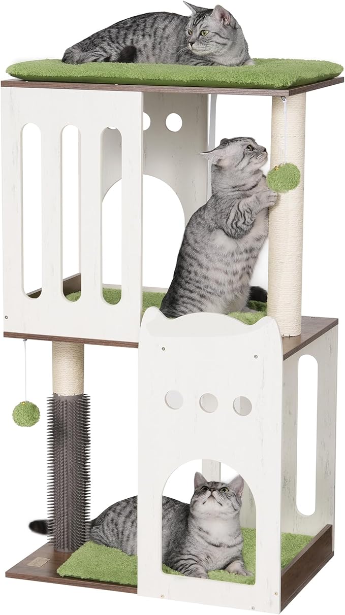FourFurPets 43.7in 3-Tier Modern Cat Tree Tower Condo, Cat Scratch Posts for Indoor Cats, Big Plate, Two 19.7in Full Sisal Scratching Posts, White