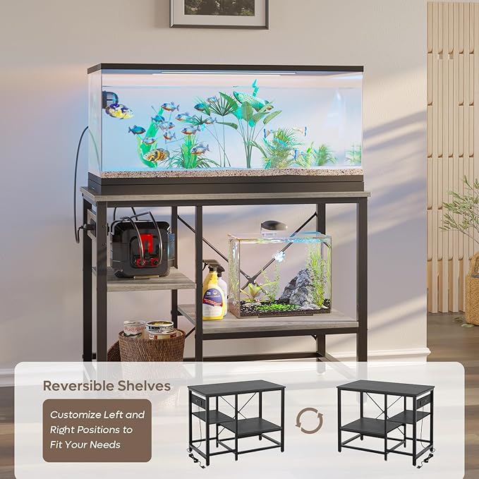 40-50 Gallon Fish Tank Stand with Charging Station, 36x19 Metal Aquarium Stand with 3-Tiers Adjustable Storage Shelves, 6-Legs Reptile Terrarium Stand, 660 LBs