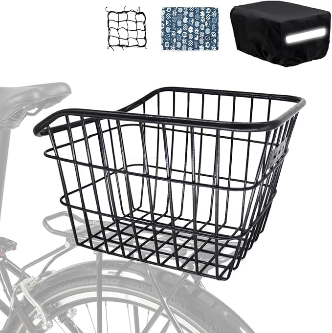 Rear Bike Basket, Tool-Free Install, Dog/Pet Carrier, Ebike Electric Bicycle Back Cargo Basket, Fits Most Rear Racks, with Waterproof Cover, Cargo Net