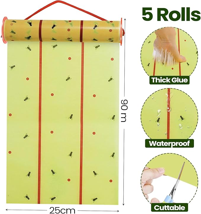 Qualirey Giant Sticky Fly Traps,30 Feet Fly Strips for Indoor Outdoor Hanging Flying Tapes Non Toxic Ribbon Fruit Gnat Killer for Mosquito Plants House Horse Stable (Fluorescent Green,5 Pcs)