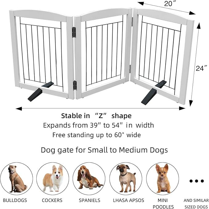 ZJSF Freestanding Dog Fence Indoor, Foldable Dog Gate for Doorways, Stairs or Hallways, Sturdy Wood Extra Wide Pet Gate with Support Feet for The House, White, 24 "Height-3 Panels