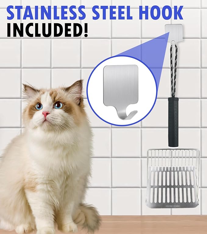 Cat Litter Scoop, Solid and Durable Kitty Metal Scooper, Stainless Steel Sifter, Heavy Duty, for Litter Box, Black Rubber Handle, Included Stainless Steel Hook