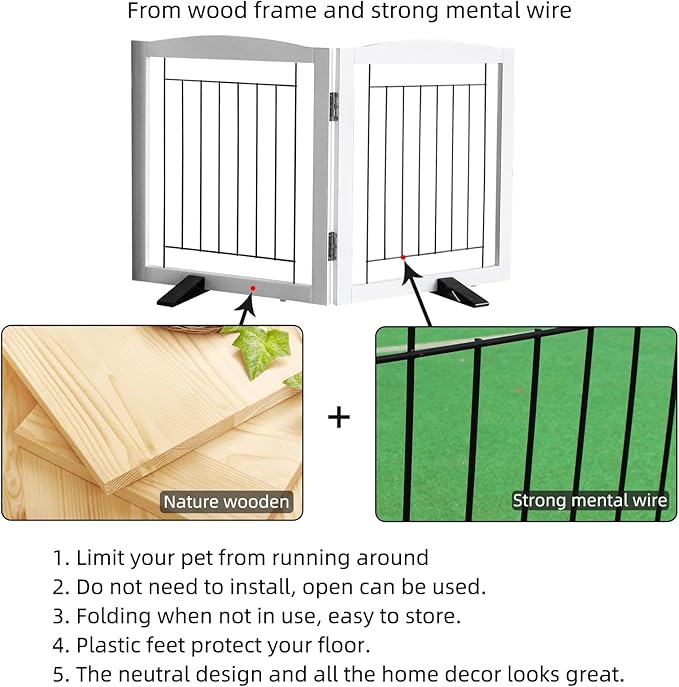 ZJSF Freestanding Dog Fence Indoor, Foldable Dog Gate for Doorways, Stairs or Hallways, Sturdy Wood Extra Wide Pet Gate with Support Feet for The House, White, 32 "Height-2 Panels