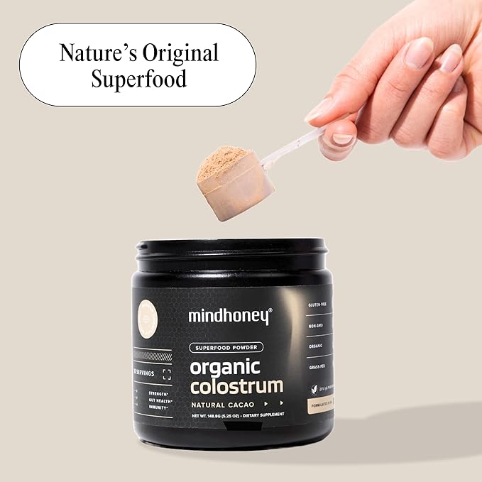 MINDHONEY Organic Colostrum | Premium Cacao Flavored Superfood Powder | Gut Health & Immunity, Skin & Hair, Anti-Aging, Performance & Recovery | Grass-Fed, Pasture-Raised | 30 Servings