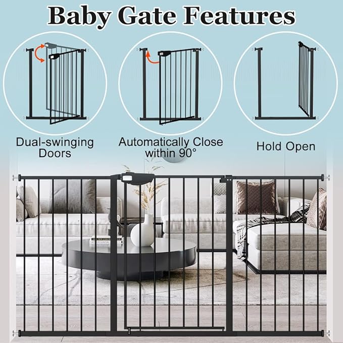 WAOWAO Triple Lock Baby Gate Extra Wide 57.87-62.59" Pressure Mounted Walk Through Swing Auto Close Safety Black Metal Dog Pet Puppy Cat for Stairs,Doorways,Kitchen