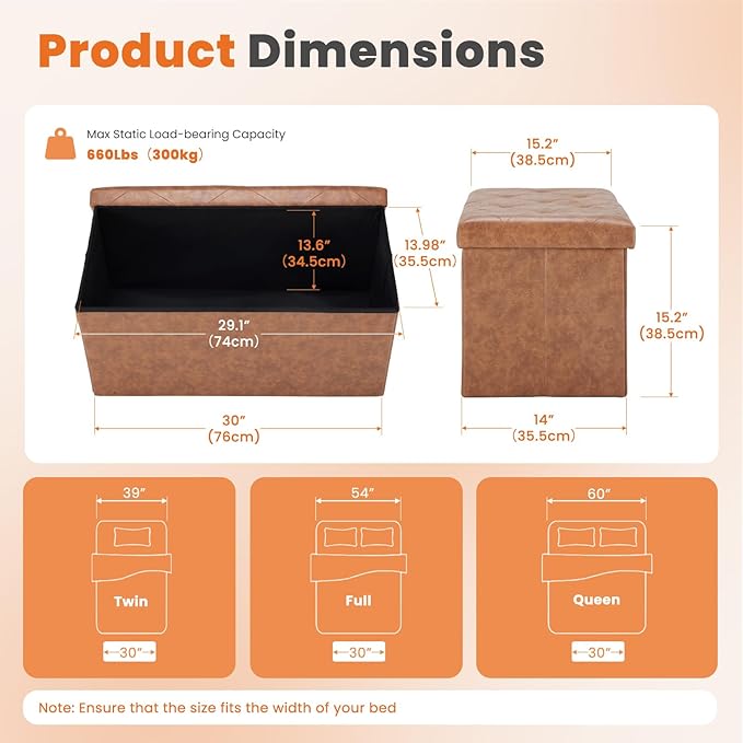 Sweetcrispy 30 Inches Folding Ottoman with Storage Bench, Foot Rest Stool, End of Bed Storage Bench Upholstered, Load 660 lbs, for Living Room, Synthetic Leather, Brown
