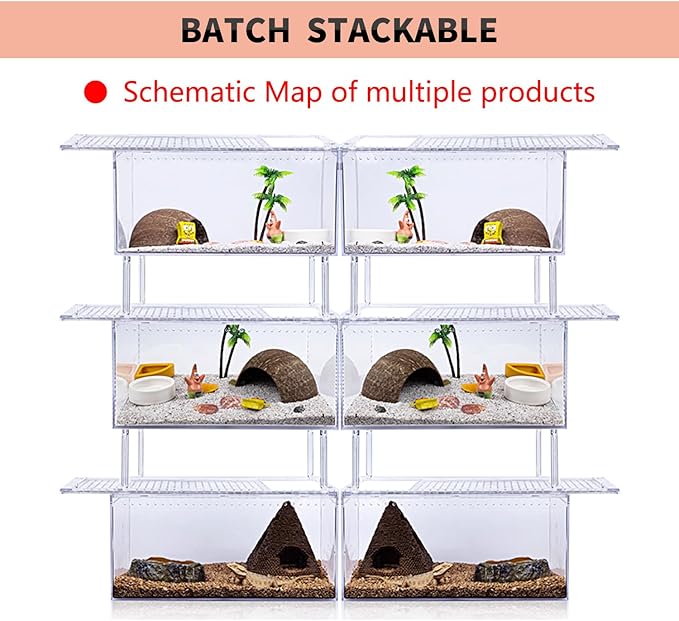 【No Assembly】 Reptile Tank Enclosure with Magnetic Button.12" * 8" * 6" Thicken Snake Enclosure Cage,Batch Stackable Reptile Breeding Tank for Insect,Fish,Tarantula,Hermit Crab,Jumping Spider