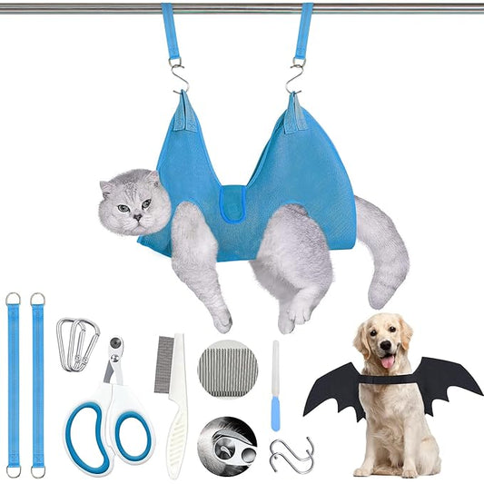 JIURUN Cat Grooming Hammock for Nail Trimming, Dog Grooming Hammock(S),Trimmer, Nail File, Pet Comb Bat Costume Wings for Cats Dogs
